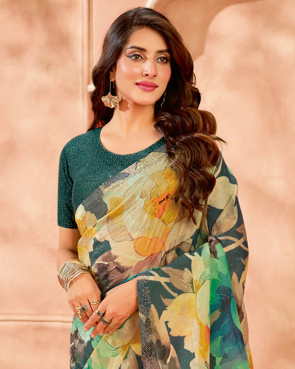 Vishal Prints Light Brown Designer Crushed Tissue Digital Print Saree With Diamond Work And Core Piping