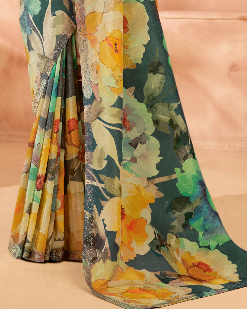 Vishal Prints Light Brown Designer Crushed Tissue Digital Print Saree With Diamond Work And Core Piping