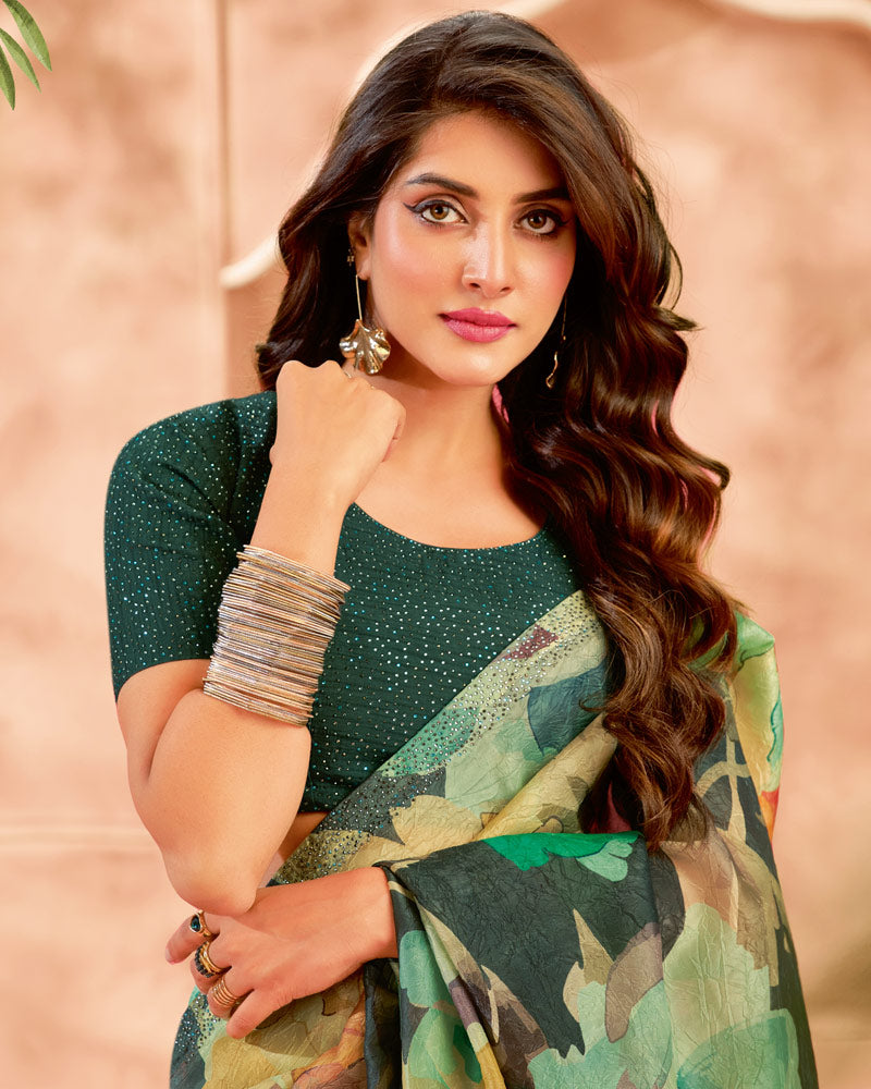 Vishal Prints Light Brown Designer Crushed Tissue Digital Print Saree With Diamond Work And Core Piping