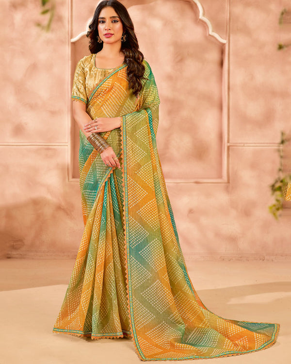 Vishal Prints Dusty Orange Designer Crushed Tissue Digital Print Saree With Fancy Cut Work Border