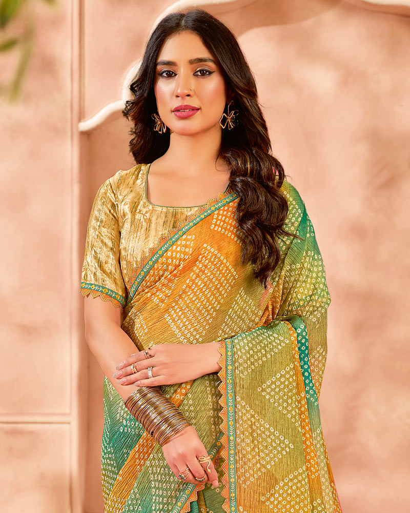 Vishal Prints Dusty Orange Designer Crushed Tissue Digital Print Saree With Fancy Cut Work Border