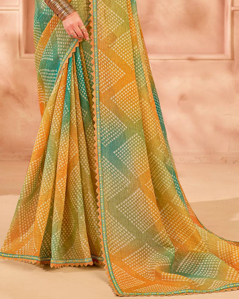 Vishal Prints Dusty Orange Designer Crushed Tissue Digital Print Saree With Fancy Cut Work Border