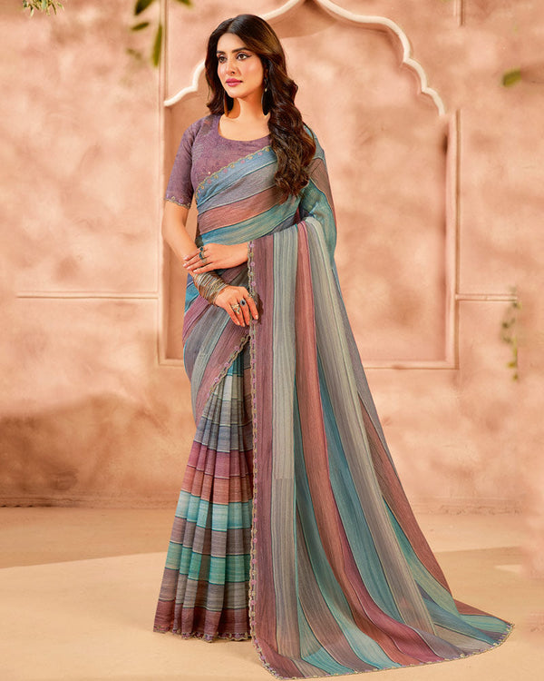 Vishal Prints Multicolored Designer Crushed Tissue Digital Print Saree With Diamond Work Border