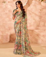 Vishal Prints Olive Haze Designer Satin-Chiffon Digital Print Saree With Diamond Work And Cut Work Border