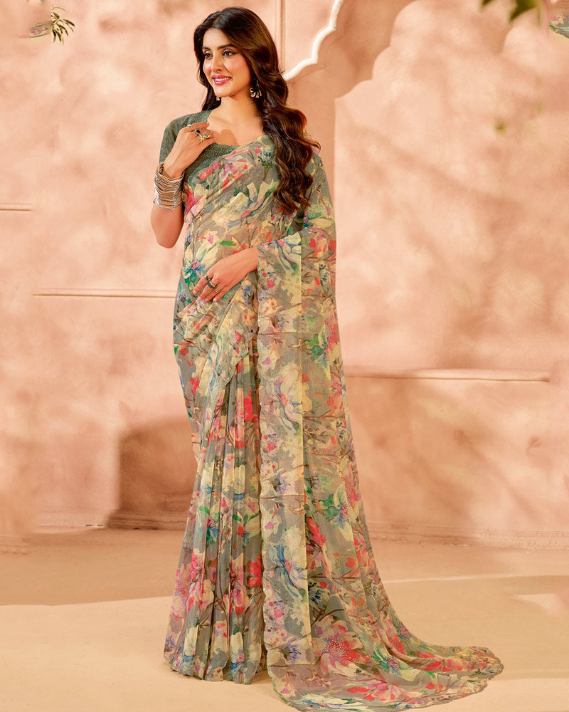 Vishal Prints Olive Haze Designer Satin-Chiffon Digital Print Saree With Diamond Work And Cut Work Border