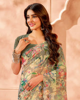 Vishal Prints Olive Haze Designer Satin-Chiffon Digital Print Saree With Diamond Work And Cut Work Border