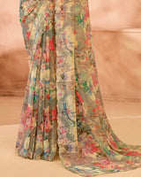 Vishal Prints Olive Haze Designer Satin-Chiffon Digital Print Saree With Diamond Work And Cut Work Border