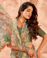 Vishal Prints Olive Haze Designer Satin-Chiffon Digital Print Saree With Diamond Work And Cut Work Border