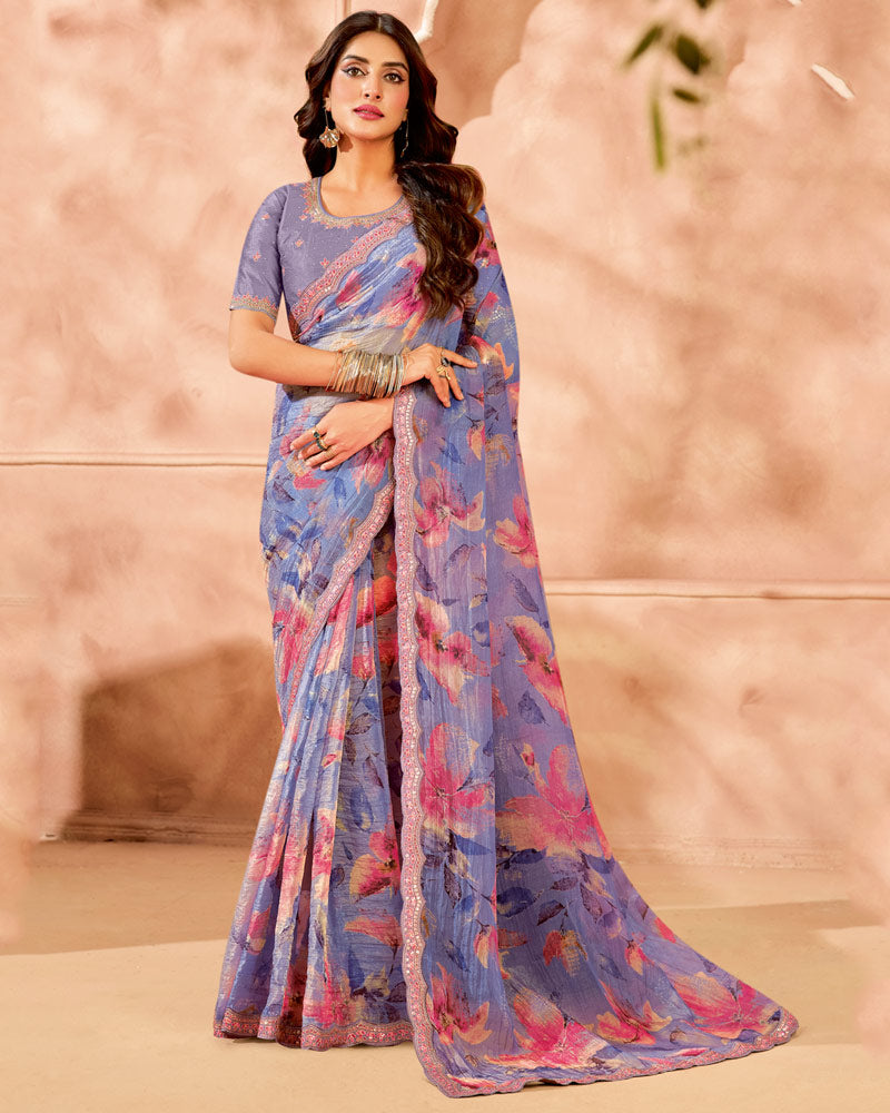 Vishal Prints Dusty Purple Designer Satin-Chiffon Digital Print Saree With Cut Work Embroidery Border