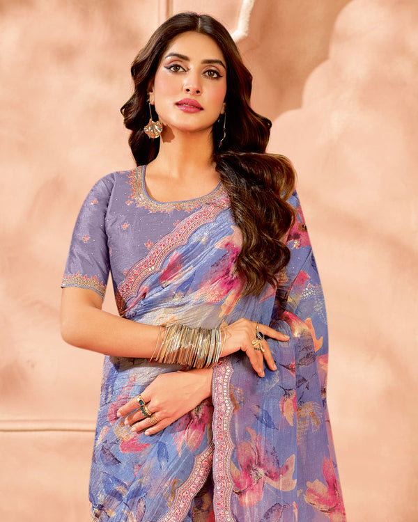 Vishal Prints Dusty Purple Designer Satin-Chiffon Digital Print Saree With Cut Work Embroidery Border