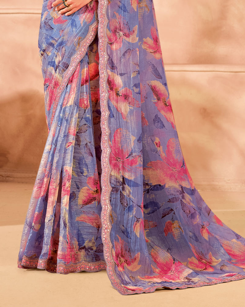 Vishal Prints Dusty Purple Designer Satin-Chiffon Digital Print Saree With Cut Work Embroidery Border
