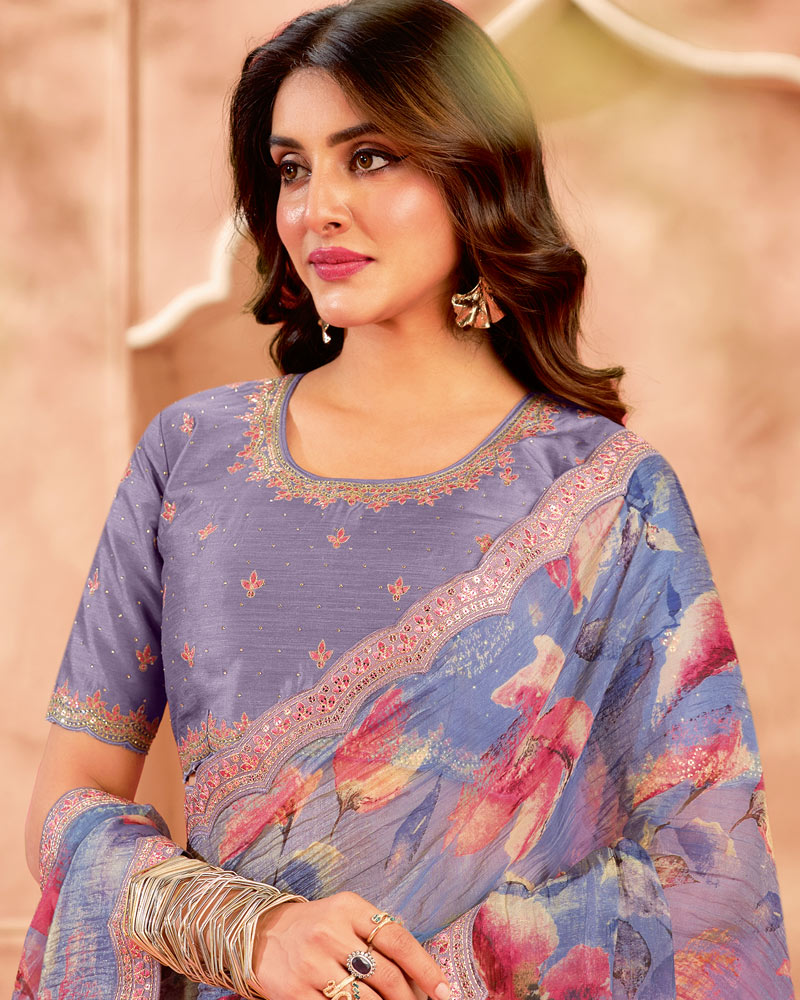 Vishal Prints Dusty Purple Designer Satin-Chiffon Digital Print Saree With Cut Work Embroidery Border