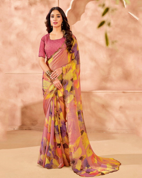 Vishal Prints Peachy Orange Designer Satin-Chiffon Digital Print Saree With Diamond Work And Cut Work Border