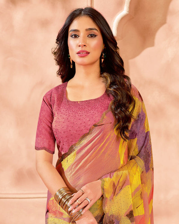Vishal Prints Peachy Orange Designer Satin-Chiffon Digital Print Saree With Diamond Work And Cut Work Border