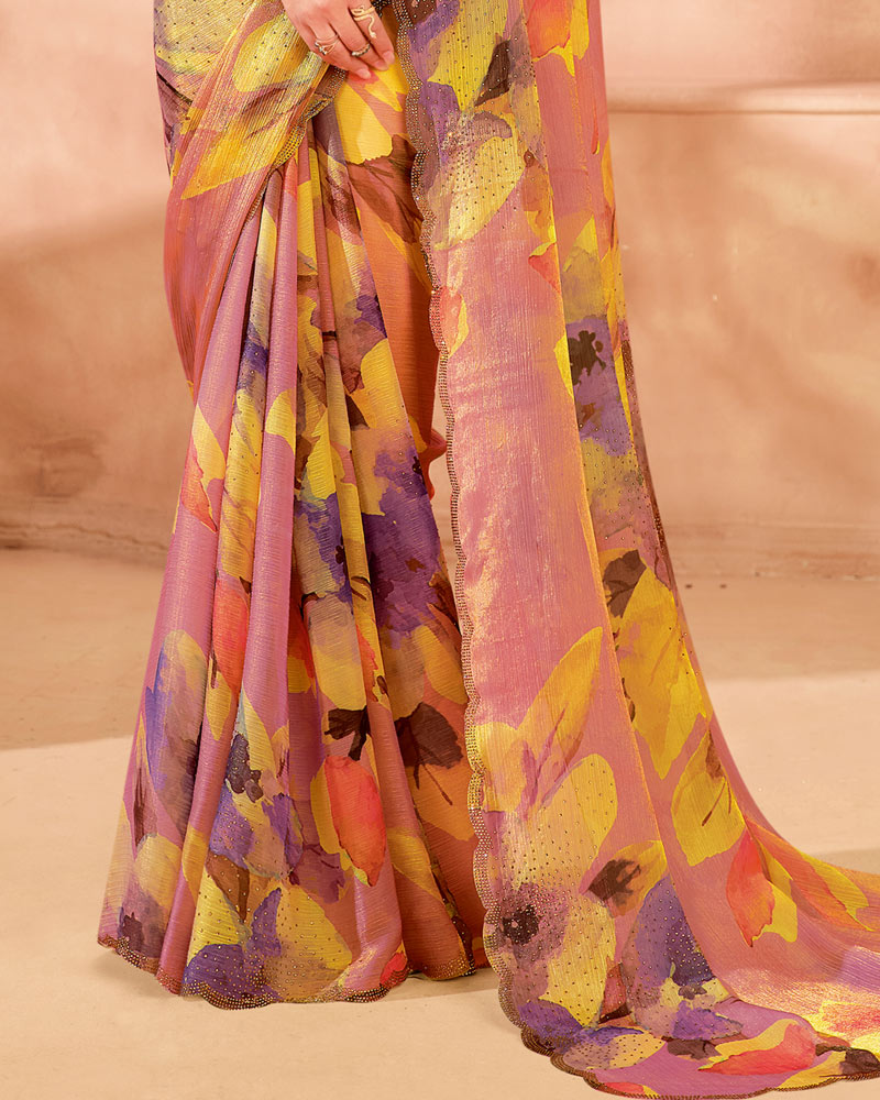Vishal Prints Peachy Orange Designer Satin-Chiffon Digital Print Saree With Diamond Work And Cut Work Border