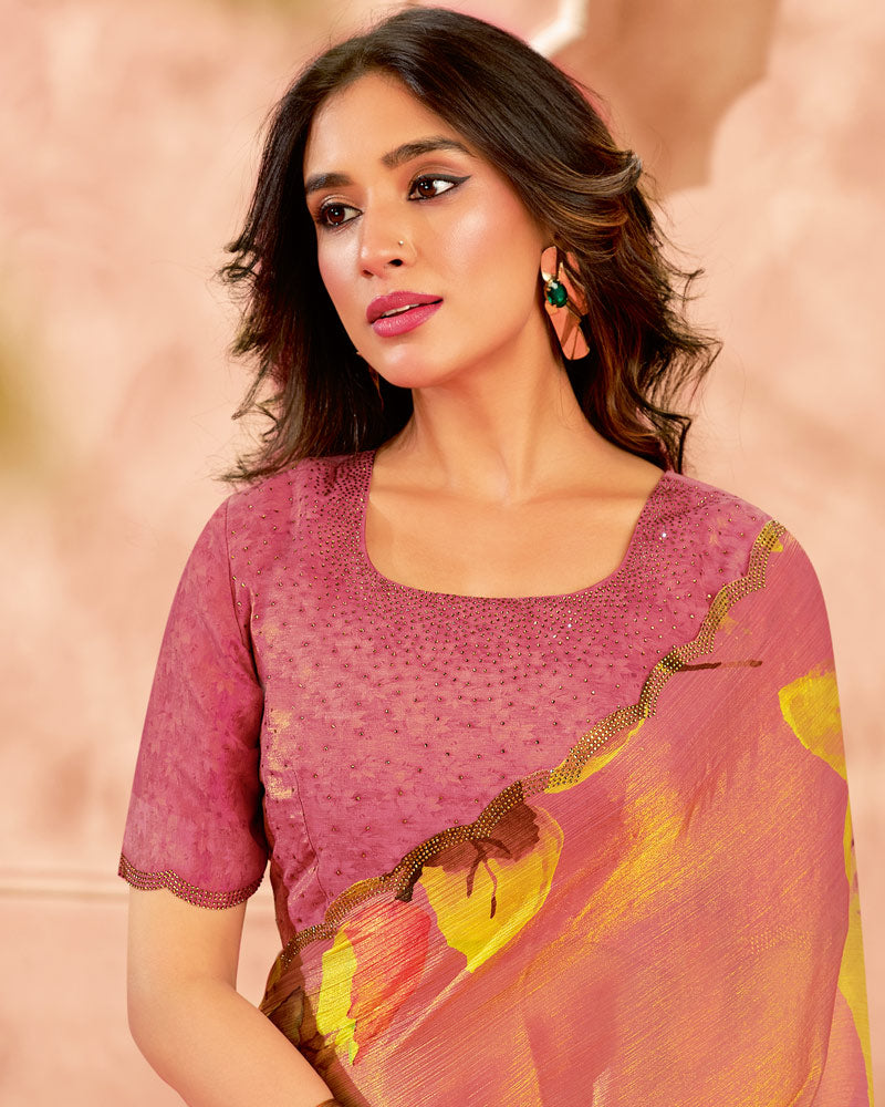 Vishal Prints Peachy Orange Designer Satin-Chiffon Digital Print Saree With Diamond Work And Cut Work Border
