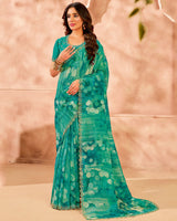 Vishal Prints Jade Green Designer Crushed Tissue Digital Print Saree With Diamond Work And Cut Work Border
