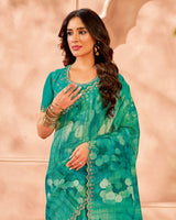 Vishal Prints Jade Green Designer Crushed Tissue Digital Print Saree With Diamond Work And Cut Work Border