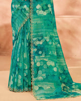 Vishal Prints Jade Green Designer Crushed Tissue Digital Print Saree With Diamond Work And Cut Work Border