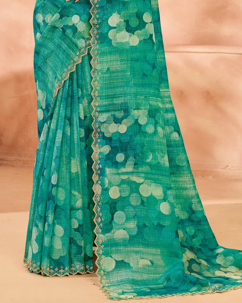 Vishal Prints Jade Green Designer Crushed Tissue Digital Print Saree With Diamond Work And Cut Work Border