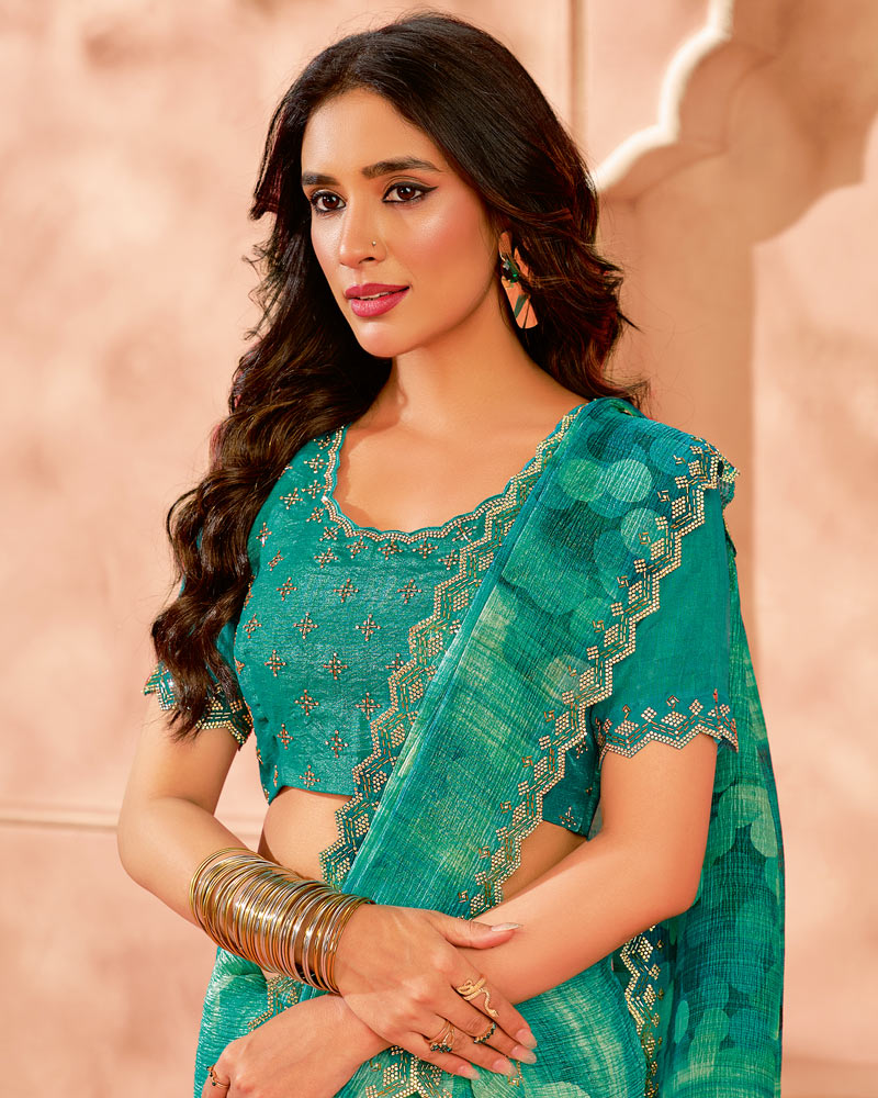 Vishal Prints Jade Green Designer Crushed Tissue Digital Print Saree With Diamond Work And Cut Work Border