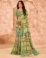 Vishal Prints Pastel Olive Green Designer Crushed Tissue Digital Print Saree With Cut Work Diamond Border
