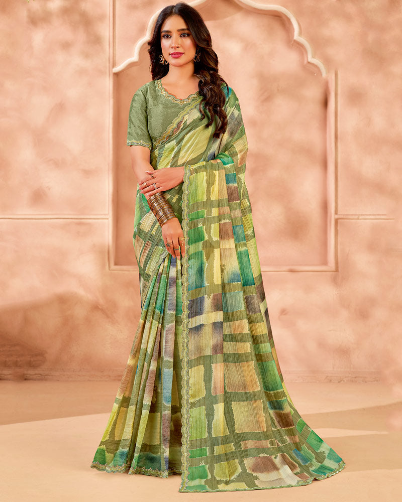 Vishal Prints Pastel Olive Green Designer Crushed Tissue Digital Print Saree With Cut Work Diamond Border