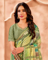 Vishal Prints Pastel Olive Green Designer Crushed Tissue Digital Print Saree With Cut Work Diamond Border