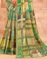 Vishal Prints Pastel Olive Green Designer Crushed Tissue Digital Print Saree With Cut Work Diamond Border