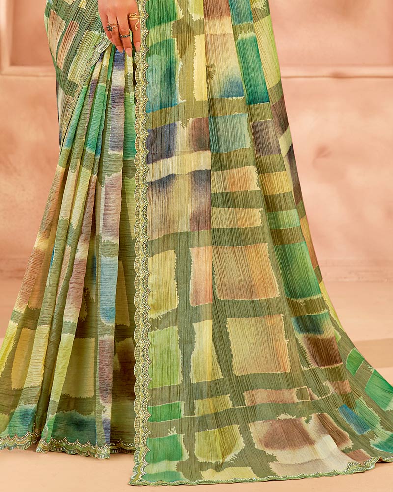 Vishal Prints Pastel Olive Green Designer Crushed Tissue Digital Print Saree With Cut Work Diamond Border