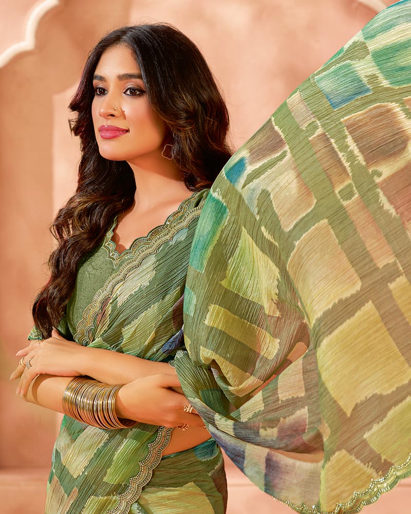 Vishal Prints Pastel Olive Green Designer Crushed Tissue Digital Print Saree With Cut Work Diamond Border