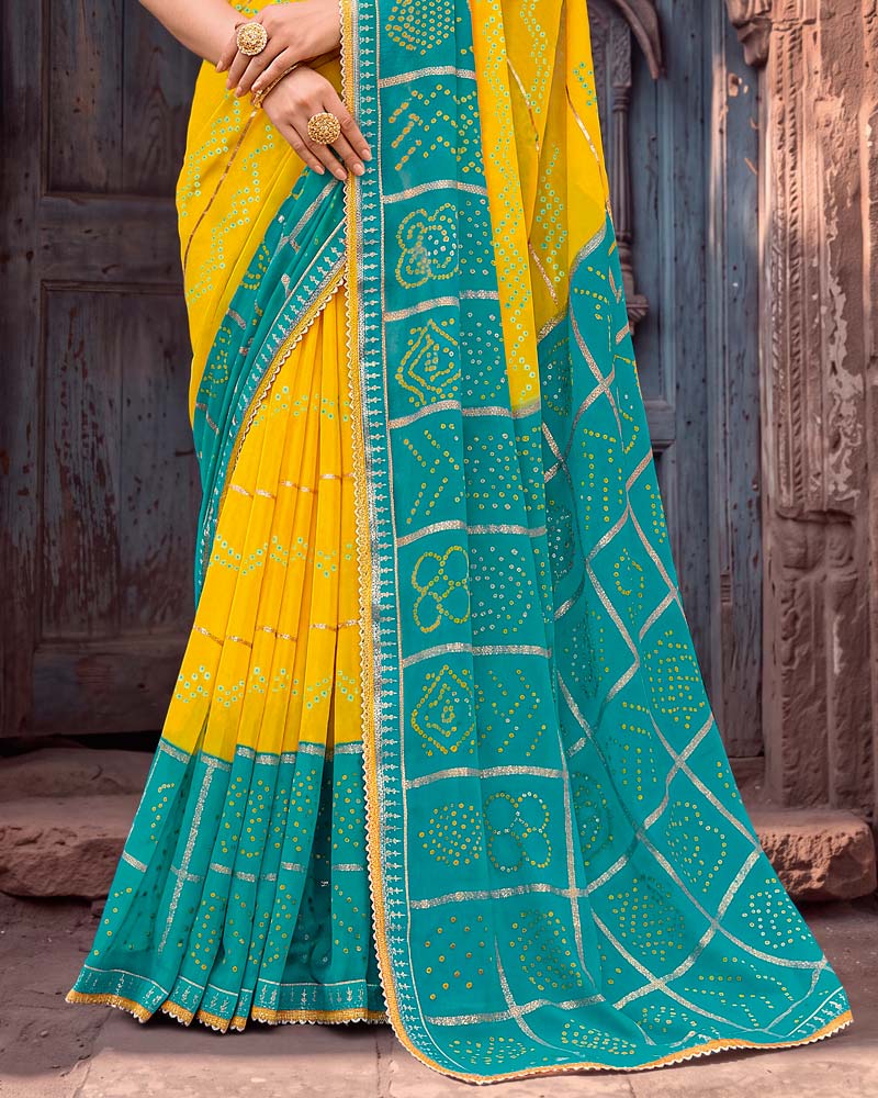 Vishal Prints Persian Green And Dark Yellow Printed Chiffon Traditional Print Saree With Foil Print And Fancy Gota Patti Border