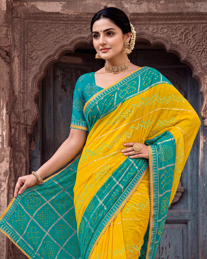 Vishal Prints Persian Green And Dark Yellow Printed Chiffon Traditional Print Saree With Foil Print And Fancy Gota Patti Border