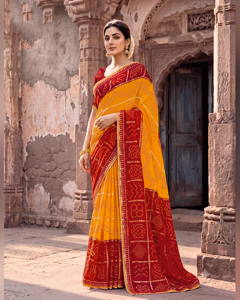 Vishal Prints Paprika Red And Dark Orange Printed Chiffon Traditional Print Saree With Foil Print And Fancy Gota Patti Border
