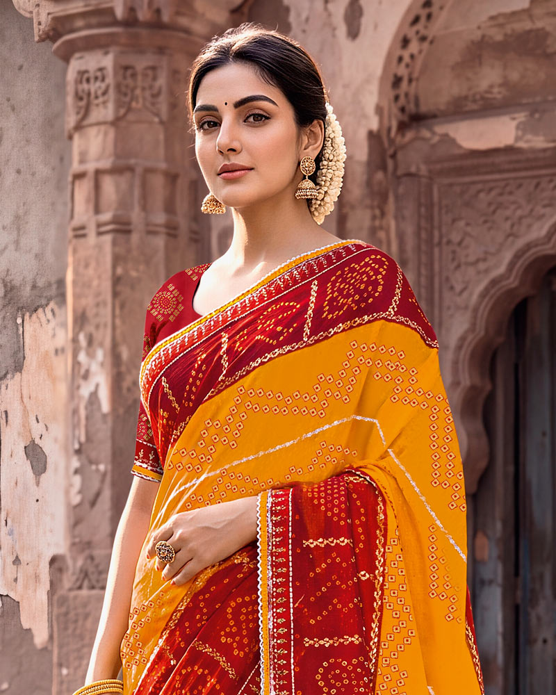 Vishal Prints Paprika Red And Dark Orange Printed Chiffon Traditional Print Saree With Foil Print And Fancy Gota Patti Border