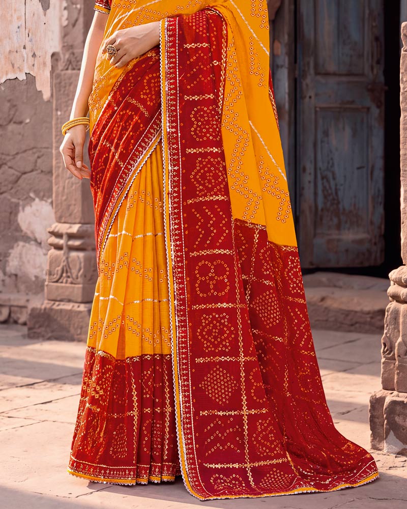 Vishal Prints Paprika Red And Dark Orange Printed Chiffon Traditional Print Saree With Foil Print And Fancy Gota Patti Border