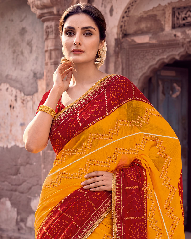 Vishal Prints Paprika Red And Dark Orange Printed Chiffon Traditional Print Saree With Foil Print And Fancy Gota Patti Border
