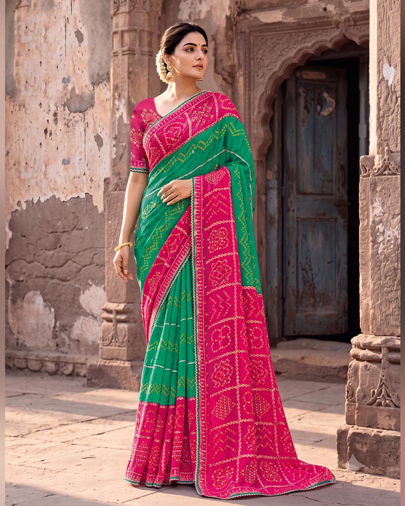 Vishal Prints Tropical Green And Burnt Pink Printed Chiffon Traditional Print Saree With Foil Print And Fancy Gota Patti Border