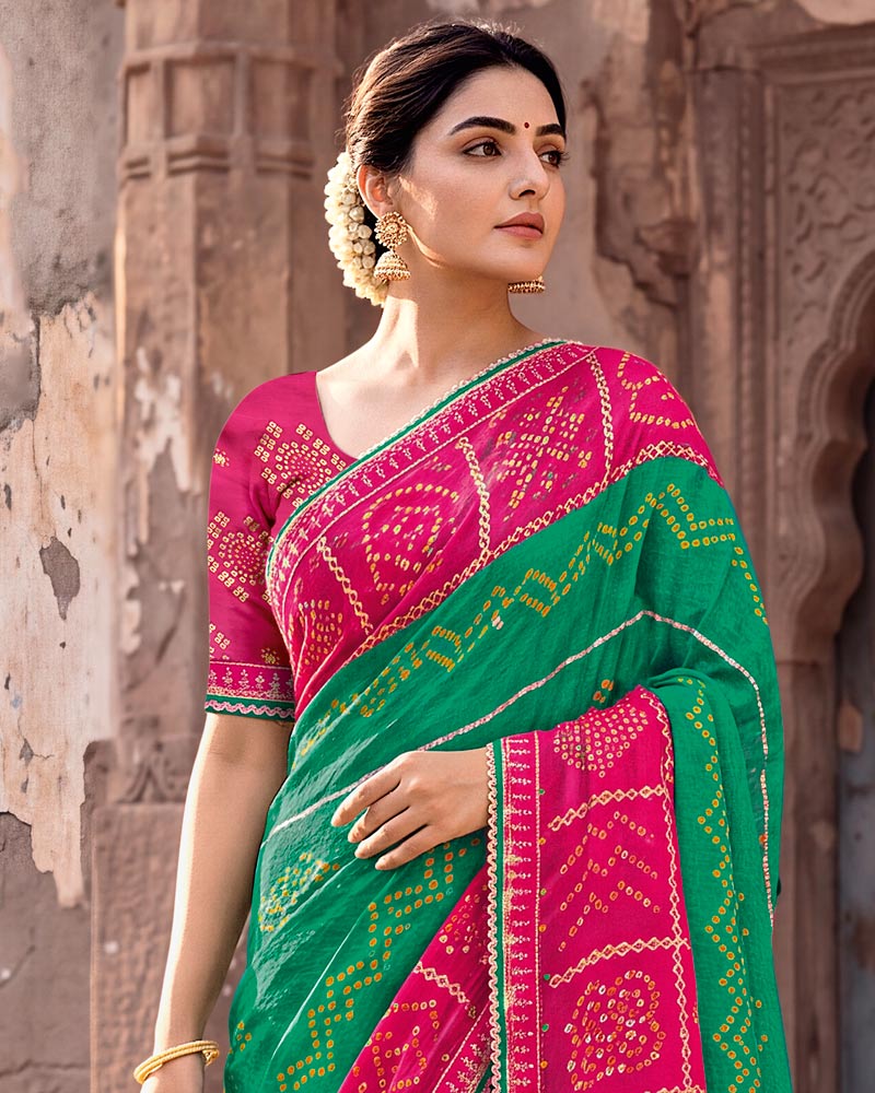 Vishal Prints Tropical Green And Burnt Pink Printed Chiffon Traditional Print Saree With Foil Print And Fancy Gota Patti Border