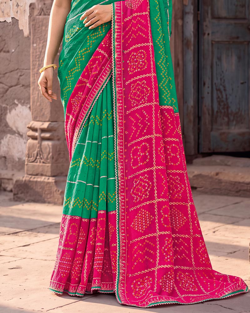 Vishal Prints Tropical Green And Burnt Pink Printed Chiffon Traditional Print Saree With Foil Print And Fancy Gota Patti Border