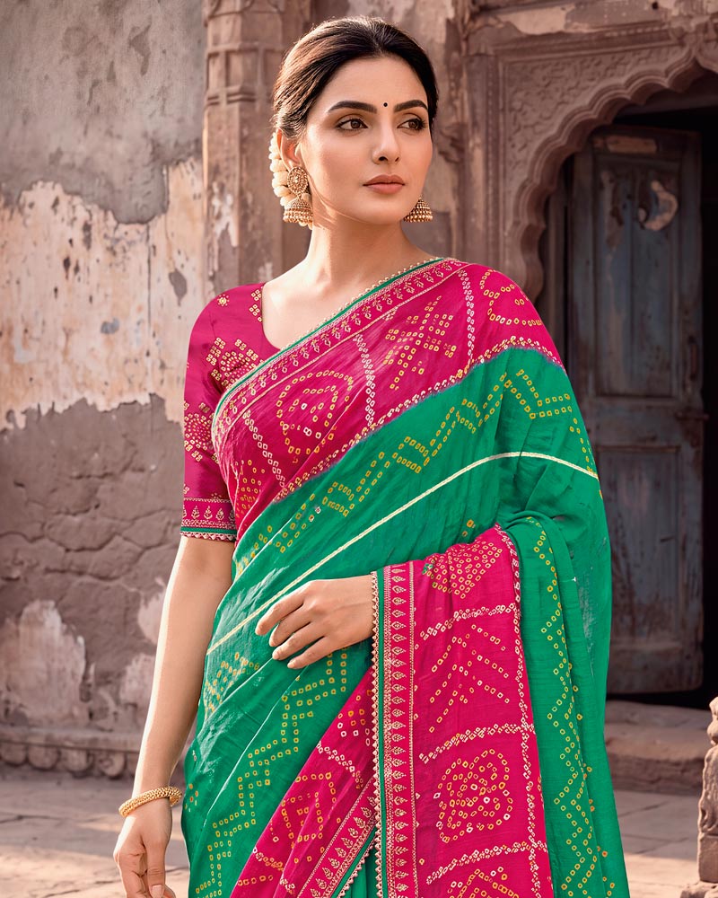 Vishal Prints Tropical Green And Burnt Pink Printed Chiffon Traditional Print Saree With Foil Print And Fancy Gota Patti Border