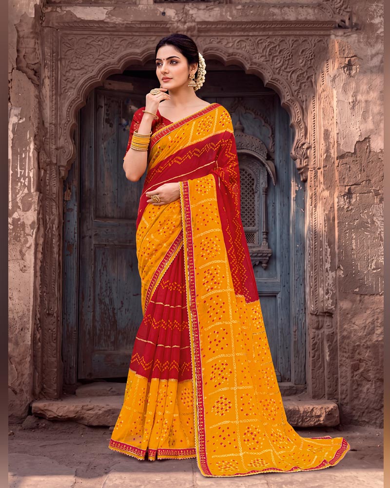Vishal Prints Dark Orange And Burnt Red Printed Chiffon Traditional Print Saree With Foil Print And Fancy Gota Patti Border