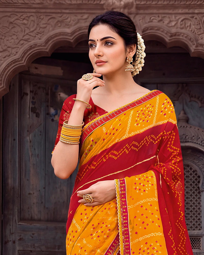 Vishal Prints Dark Orange And Burnt Red Printed Chiffon Traditional Print Saree With Foil Print And Fancy Gota Patti Border
