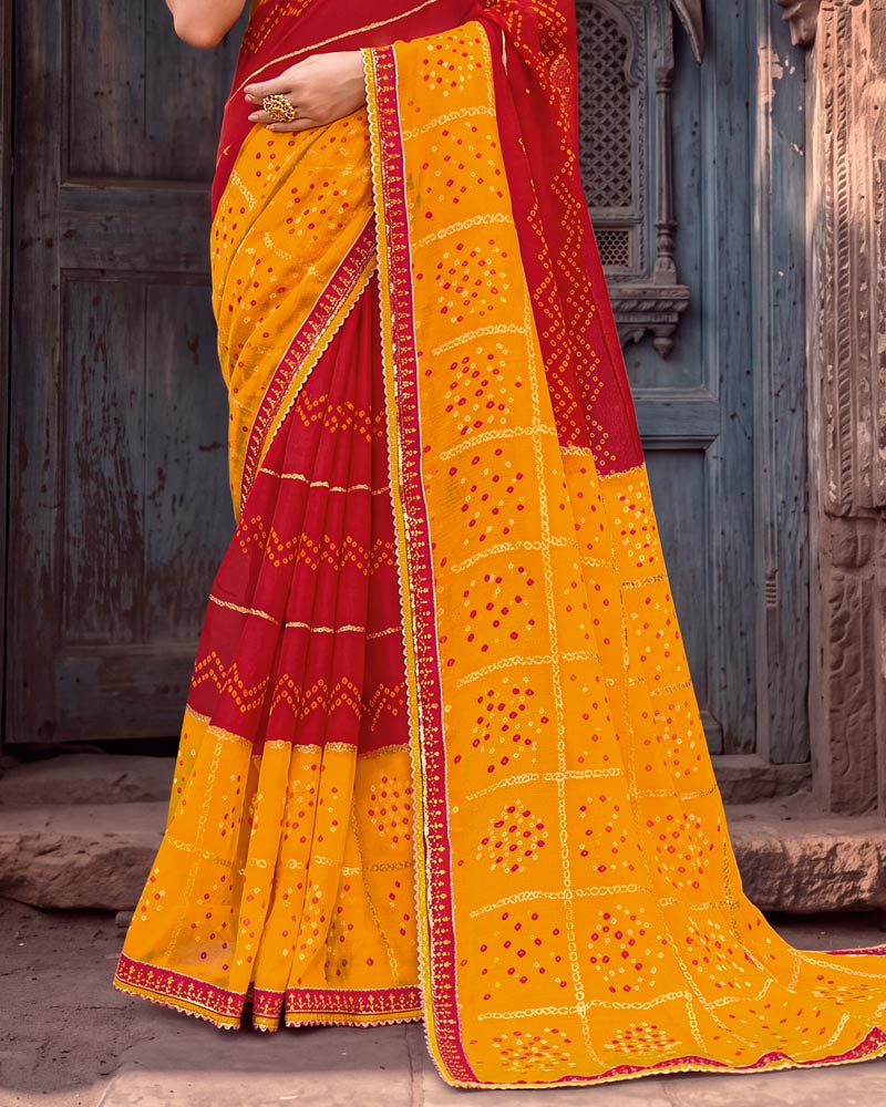Vishal Prints Dark Orange And Burnt Red Printed Chiffon Traditional Print Saree With Foil Print And Fancy Gota Patti Border