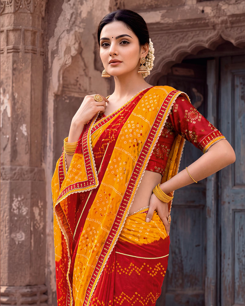 Vishal Prints Dark Orange And Burnt Red Printed Chiffon Traditional Print Saree With Foil Print And Fancy Gota Patti Border