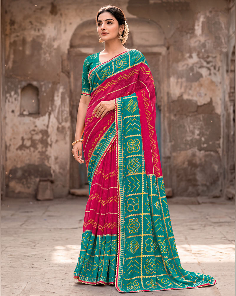 Vishal Prints Pine Green And Burnt Pink Printed Chiffon Traditional Print Saree With Foil Print And Fancy Gota Patti Border