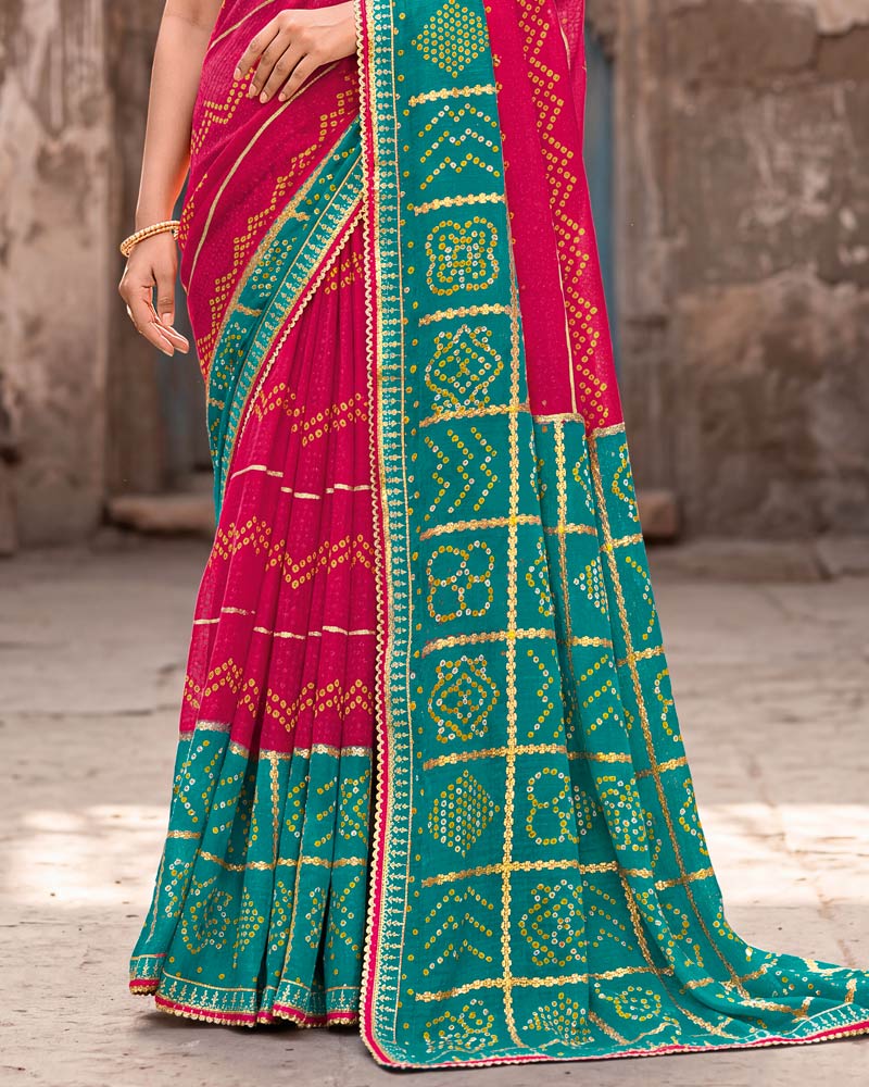 Vishal Prints Pine Green And Burnt Pink Printed Chiffon Traditional Print Saree With Foil Print And Fancy Gota Patti Border