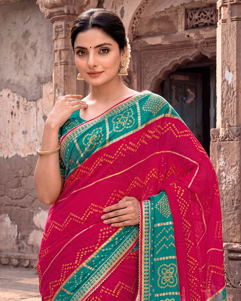 Vishal Prints Pine Green And Burnt Pink Printed Chiffon Traditional Print Saree With Foil Print And Fancy Gota Patti Border