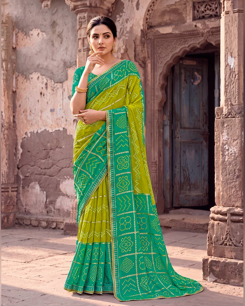 Vishal Prints Forest Green And Olive Yellow Printed Chiffon Traditional Print Saree With Foil Print And Fancy Gota Patti Border
