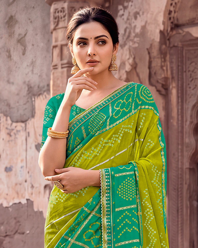 Vishal Prints Forest Green And Olive Yellow Printed Chiffon Traditional Print Saree With Foil Print And Fancy Gota Patti Border
